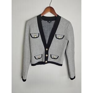 Express Size S Tipped Striped Herringbone Gold Button Sweater Jacket Cardigan